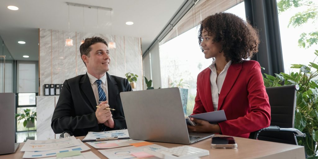 Business financial, accountant discussing with partner are meeting to audit finance planning sales